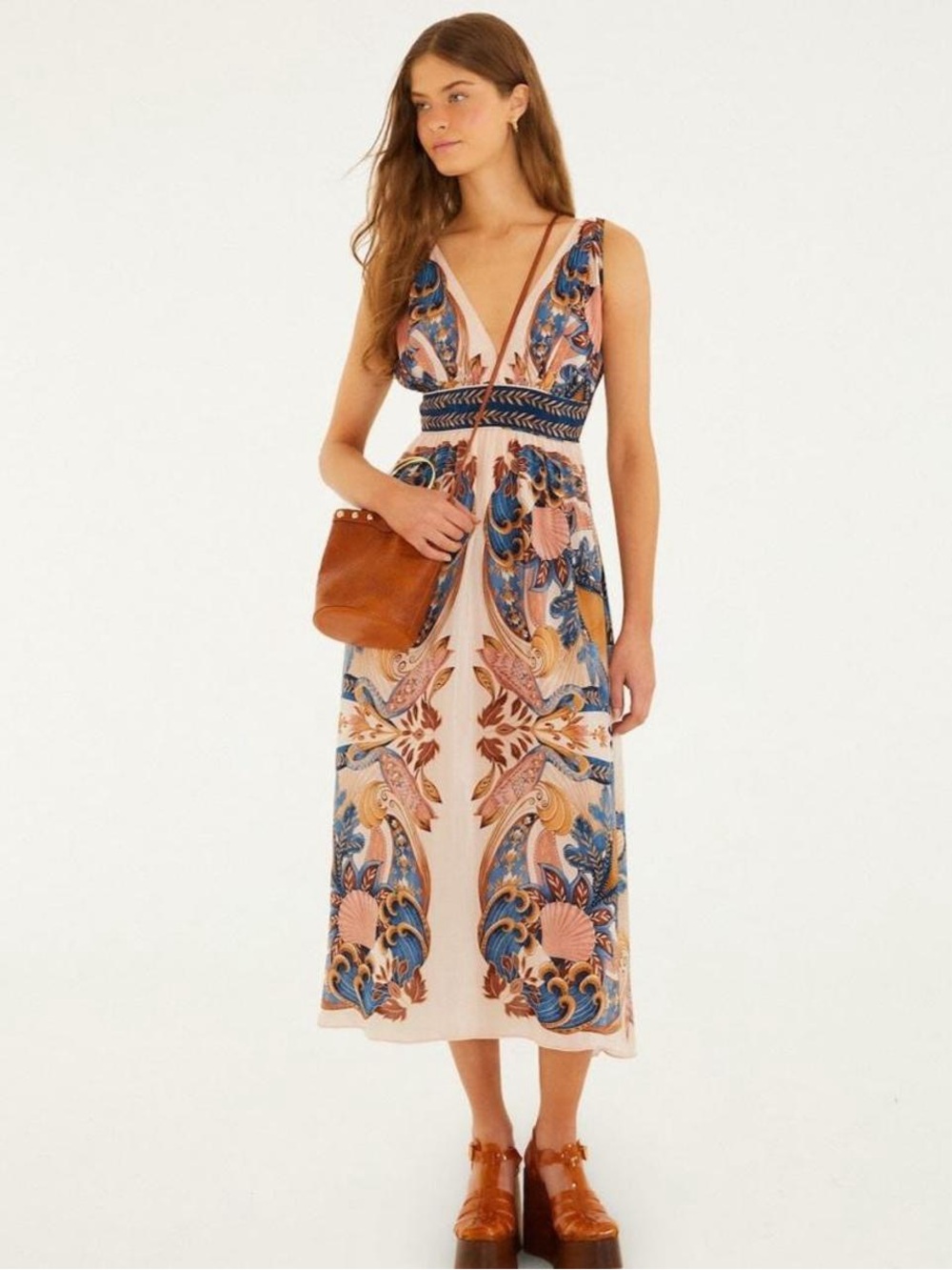 NWT FARM RIO Soft Pink Garden Scarf V Neck Midi Dress